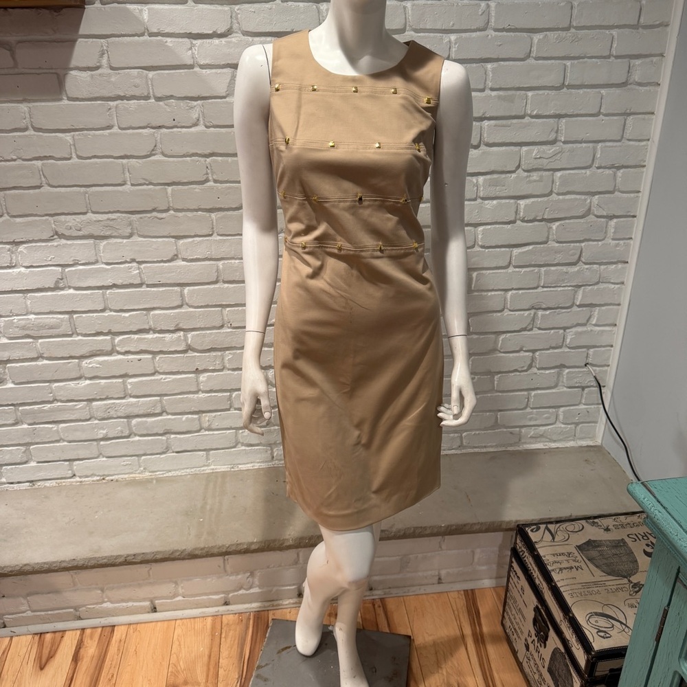 Calvin Klein Khaki Sheath Dress Gold Stud Detail Sleeveless Midi Cocktail 6 NWT